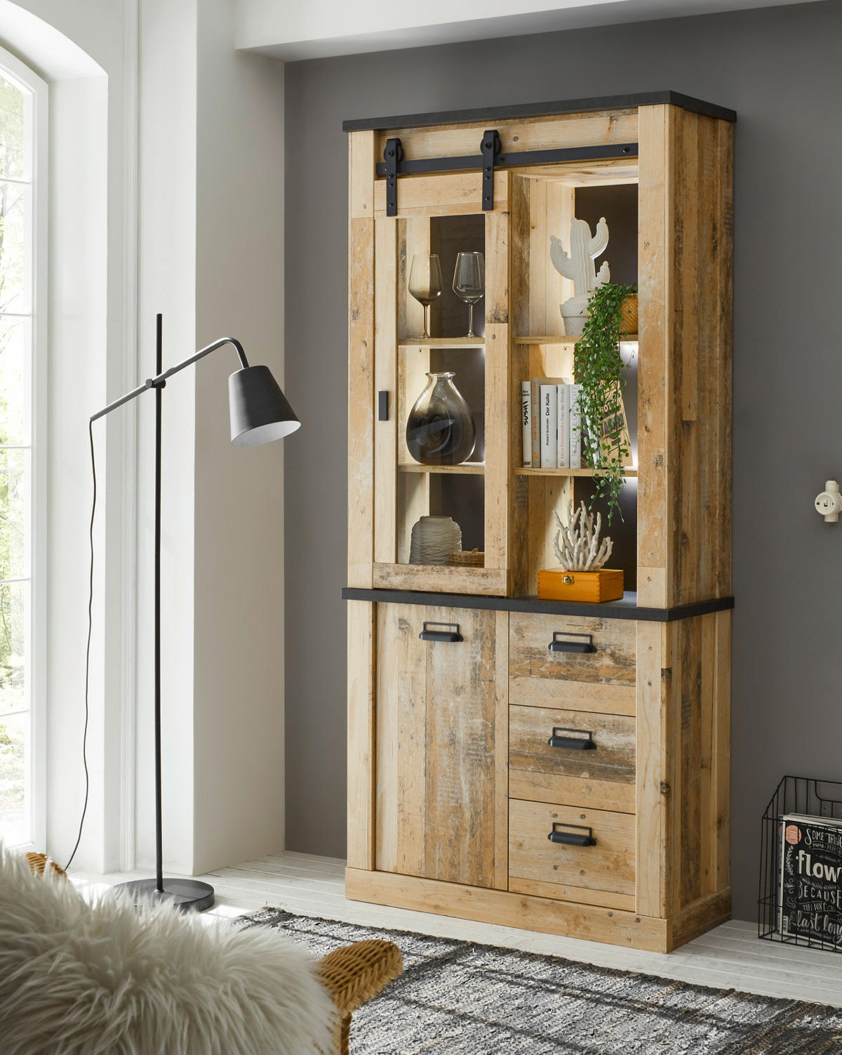 VITRINE Used Wood hell, anthrazit 93 x 201 cm, Vitrinenschrank mit Soft-Close - Anthrazit/Schwarz, Glas/Holzwerkstoff (93/201/38cm) - Furn.Design