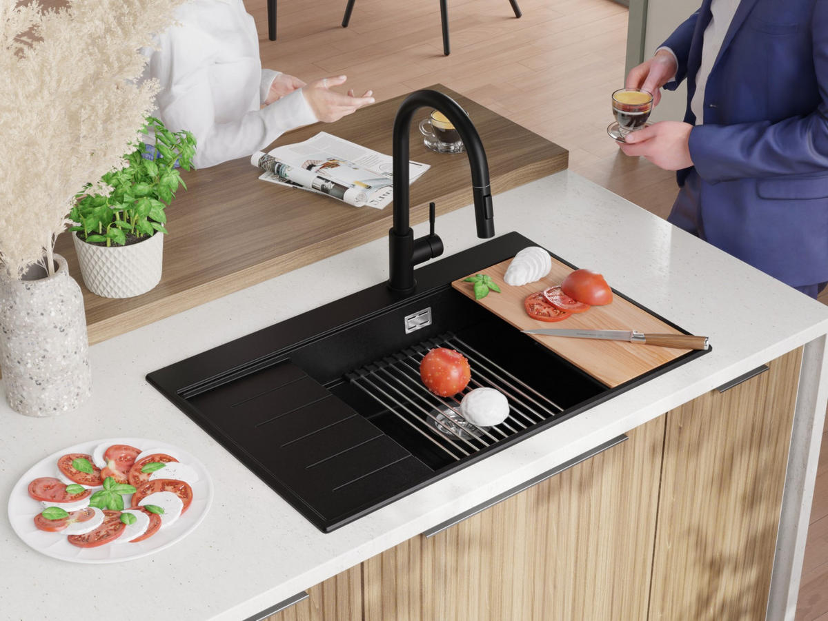 GRANITSPÜLE Sydney, 2-er set Alles Schwarz 78/50 cm 1 Becken + Küchenarmatur 32/20 cm + Ablauf-Set + Küchenzubehörset ab 60er Unterschrank - Schwarz, Kunststoff (78/20/50cm) - Primagran