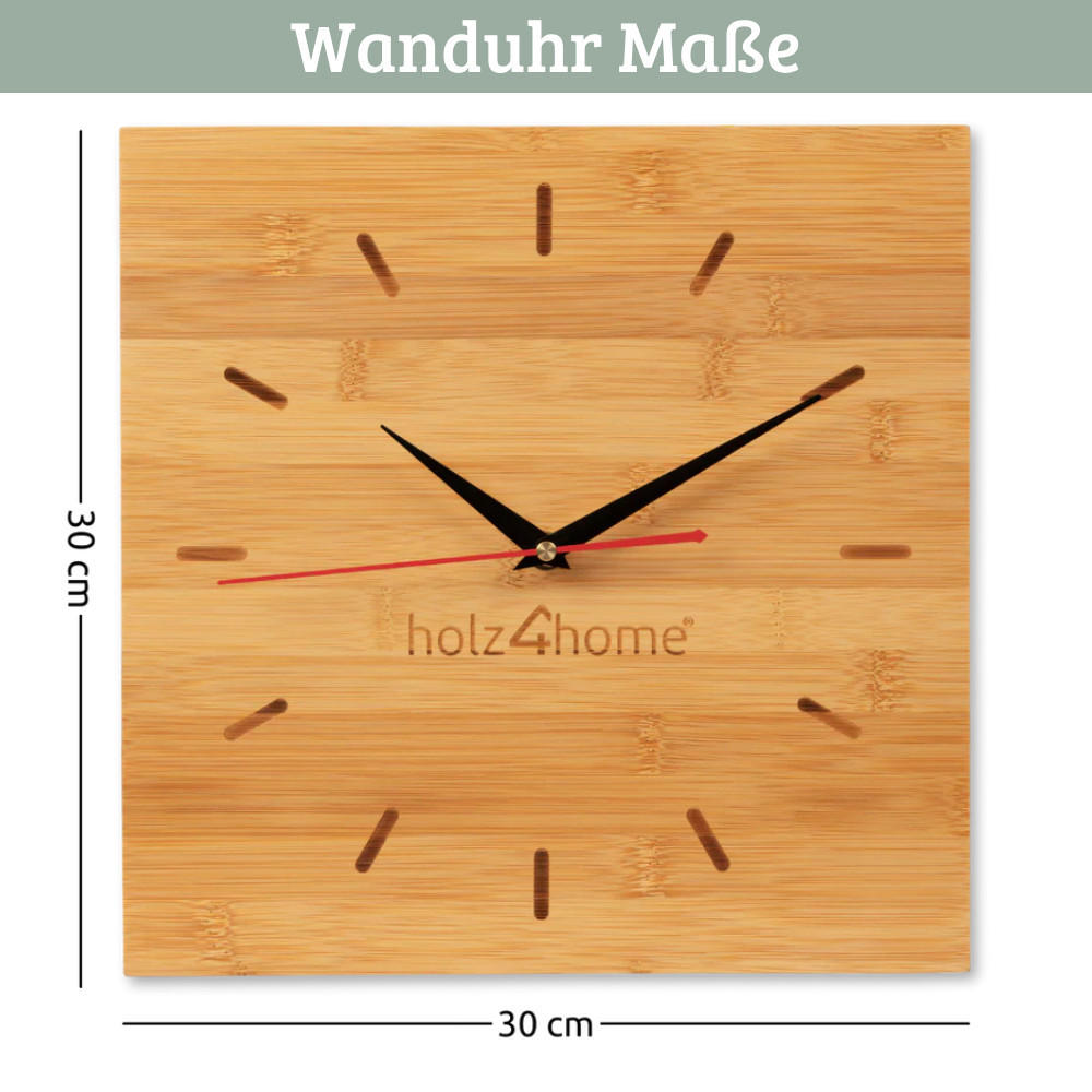 WANDUHR groß Holz BAMBUS 30x30 cm Quadratisch Geräuschlos - Braun, Holz (30/30/2cm) - DELUKE