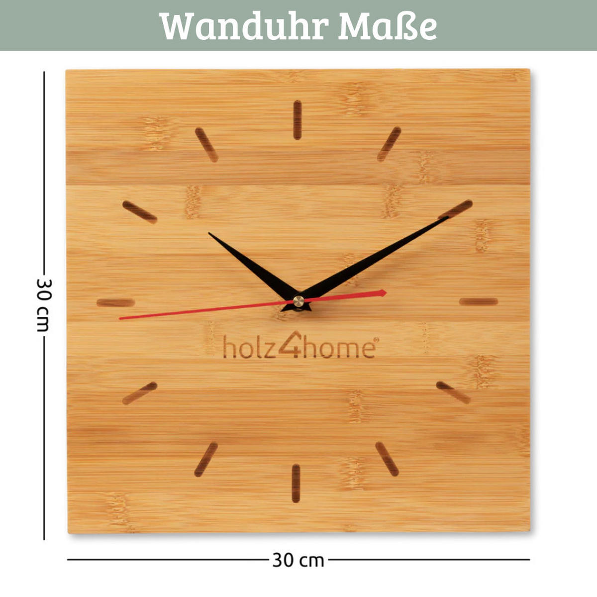WANDUHR groß Holz BAMBUS 30x30 cm Quadratisch Geräuschlos - Braun, Holz (30/30/2cm) - DELUKE