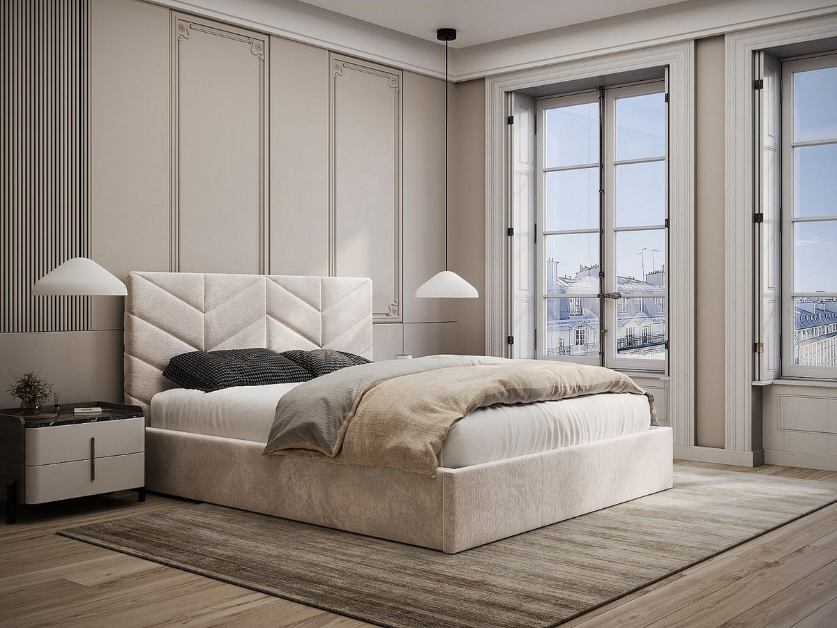 BETT mit Bettkasten - 2 Personen - Stoff - Cremefarben - - Creme, Textil (200/200cm) - Vente-Unique