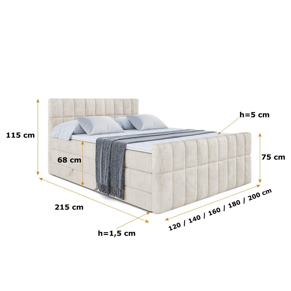 BOXSPRINGBETT MIAMI-Z KING - 120x200 - H3/H4 - Creme - Creme, Holzwerkstoff (120/200cm) - ALTDECOR