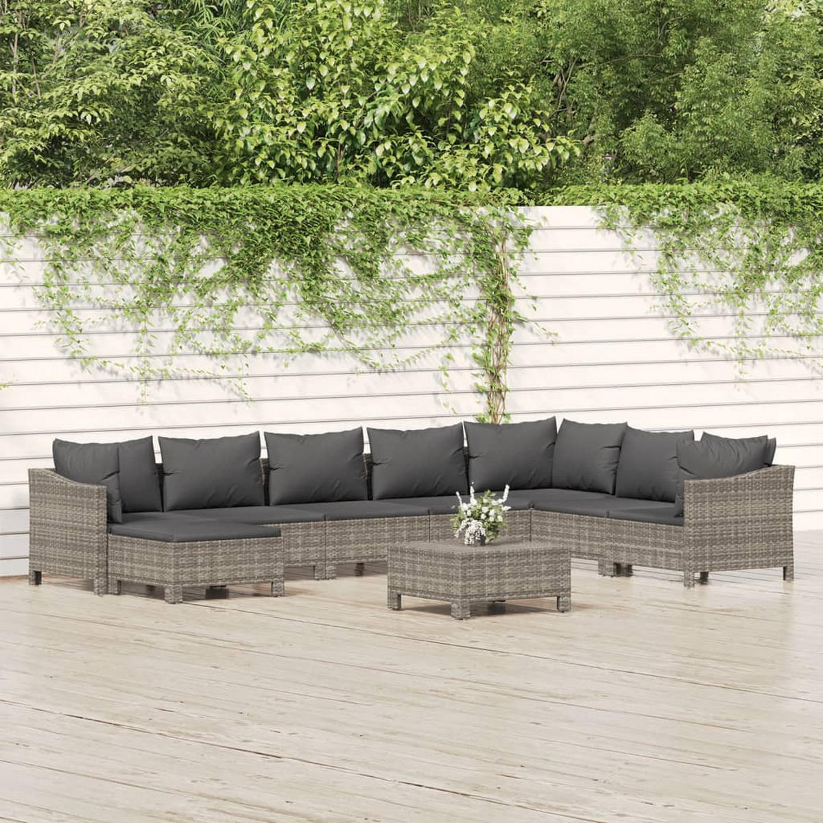 GARTEN-LOUNGE-SET 9-TLG. Mit Kissen Grau Poly Rattan - Grau, Kunststoff - vidaXL