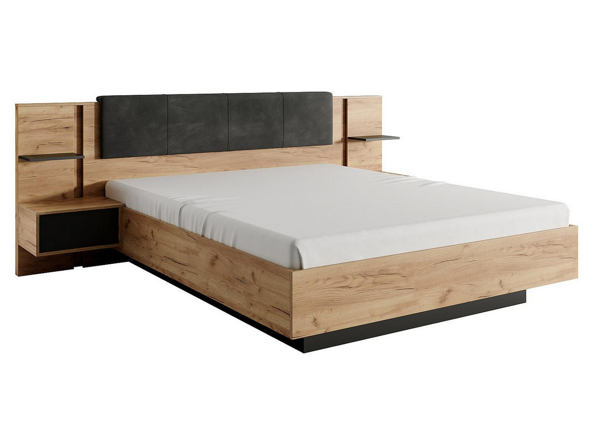 BETTRAHMEN - 2 Personen - stoff - anthrazitgrau, naturfarben hell Elynia - Anthrazit/Naturfarben, Holz/Holzwerkstoff (160/200cm) - Vente-Unique