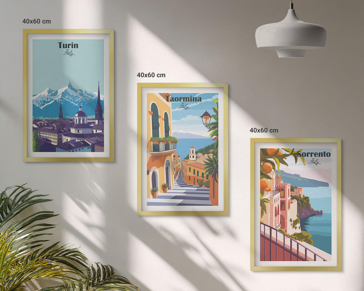 BILDER SET 3er Set - 40x60 cm Goldrahmen - Farbenfrohe Retro-Stadtansichten - Goldfarben, Kunststoff (40/60cm) - TULUP