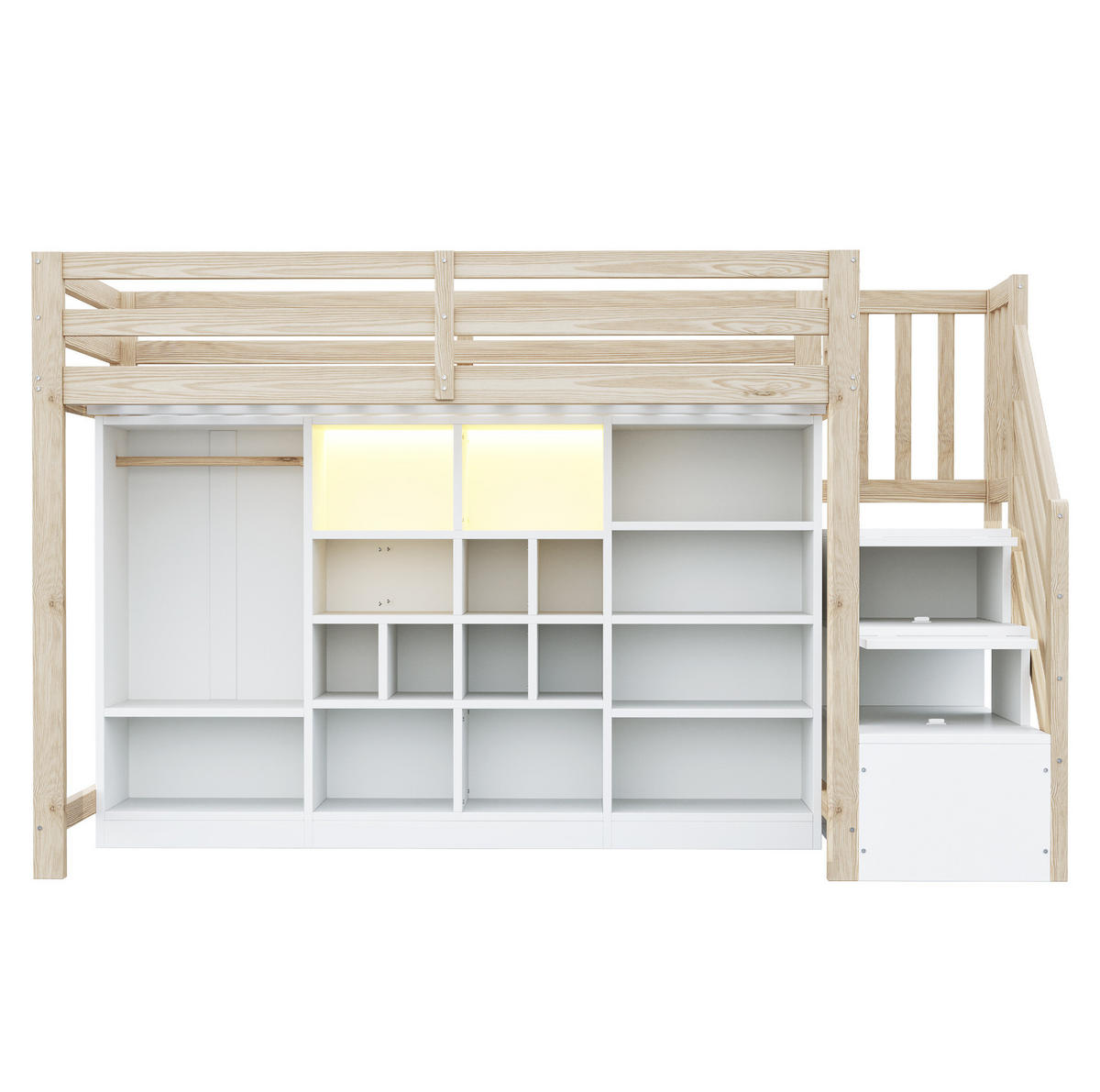 HOCHBETT 90/200 cm aus Holz mit LED-Beleuchtung und integriertem Stauraum Weiß/Holzfarbe - Naturfarben, Holz (90/200cm) - Modenvie