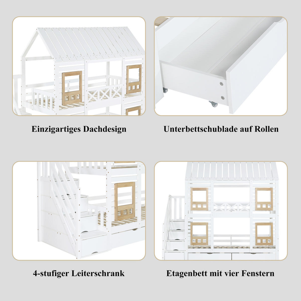 ETAGENBETT 90/200 cm mit Stauraumtreppe, Fenstern und 2 Schubladen, Weiß/Natur - Weiß, Holz (90/200cm) - Redom