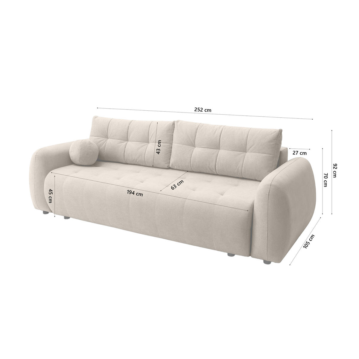 SOFA ARNIS mit Schlaffunktion, Beige - Beige, Textil (252/70/105cm) - Fedve