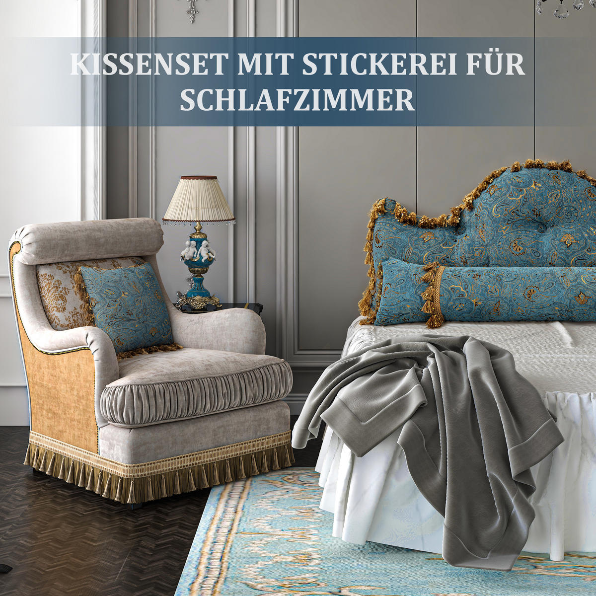 NACHTTISCHKISSEN Golden Flower Türkis 60*140cm 3er-set - Türkis, Textil (15/140cm) - Vercart