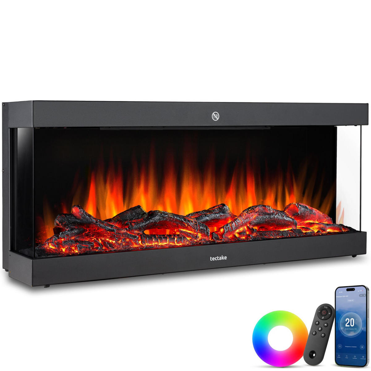 ELEKTRO-WANDKAMIN Luciano,mit Fernbedienung und App-Steuerung, integriertes Thermostat,schwarz - Schwarz, Metall (91.4/38/24.5cm) - tectake