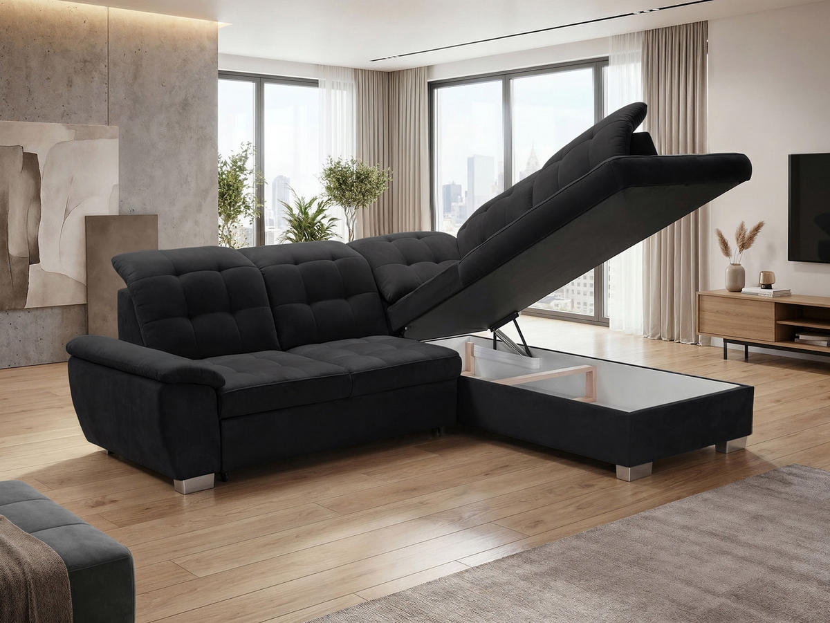 ECKSOFA LENO Rechts, mit Schlaffunktion und Bettkasten, Schwarz - Schwarz, Kunststoff/Textil (261/220cm) - Idohome