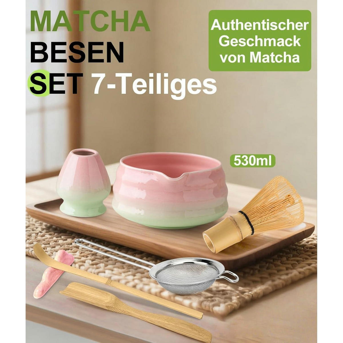 MATCHA Set 7-teilig Keramik Bambus Pink Grün - Multicolor, Keramik (15/10/15cm)