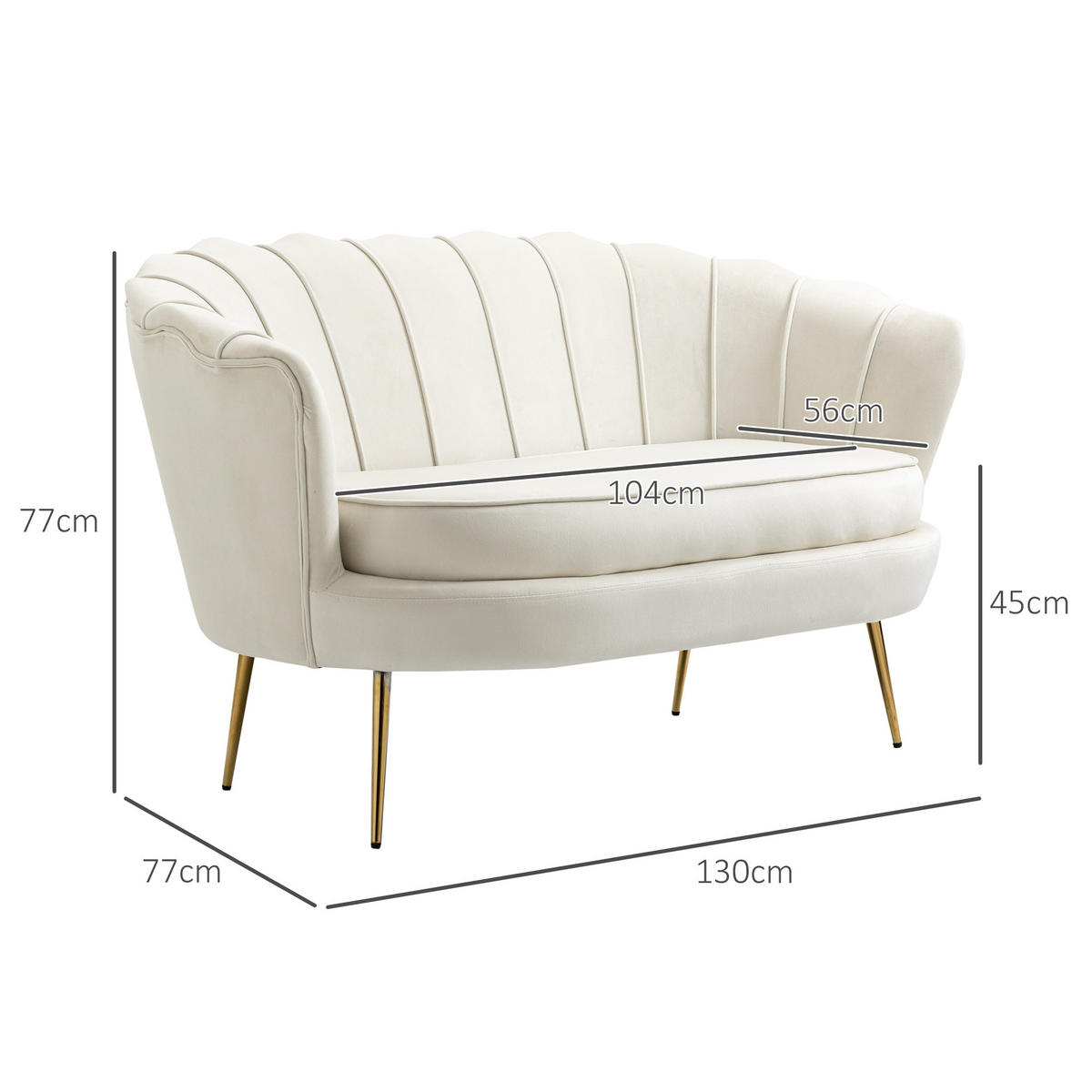 2 Sitzer Sofa, Couch, gepolsterter Polstersofa mit Armlehne, Samtopik Creme - Goldfarben/Creme, Textil/Metall (77/77/130cm) - HOMCOM