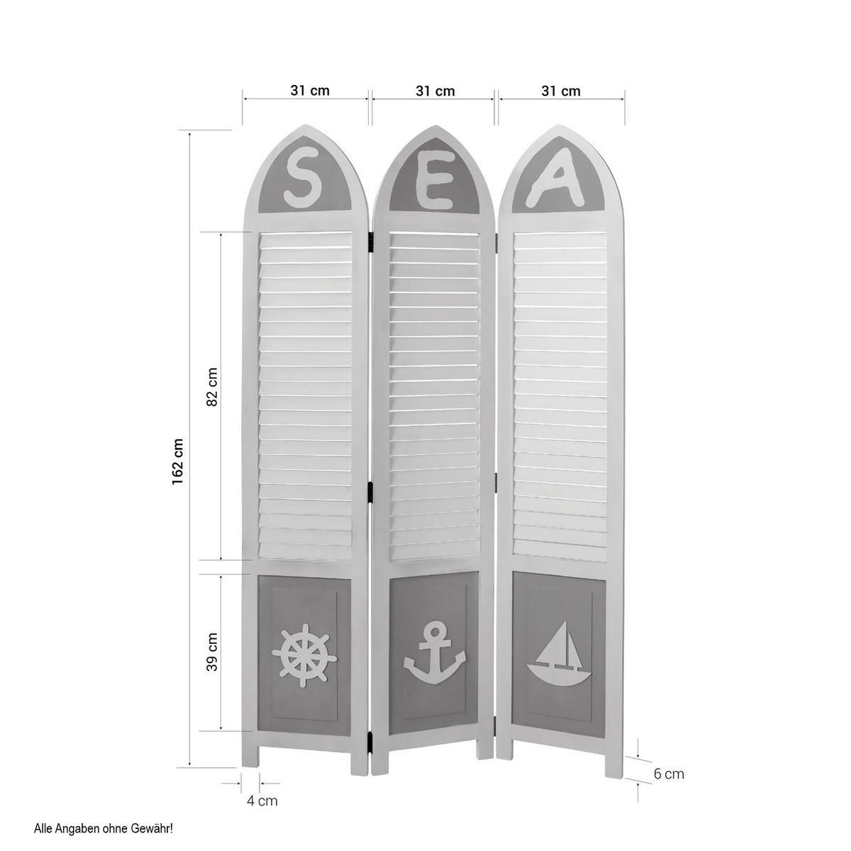 PARAVENT 3-tlg. 93/162 cm Weiß maritim - Weiß, Holz (93/162/1cm) - Homestyle4u