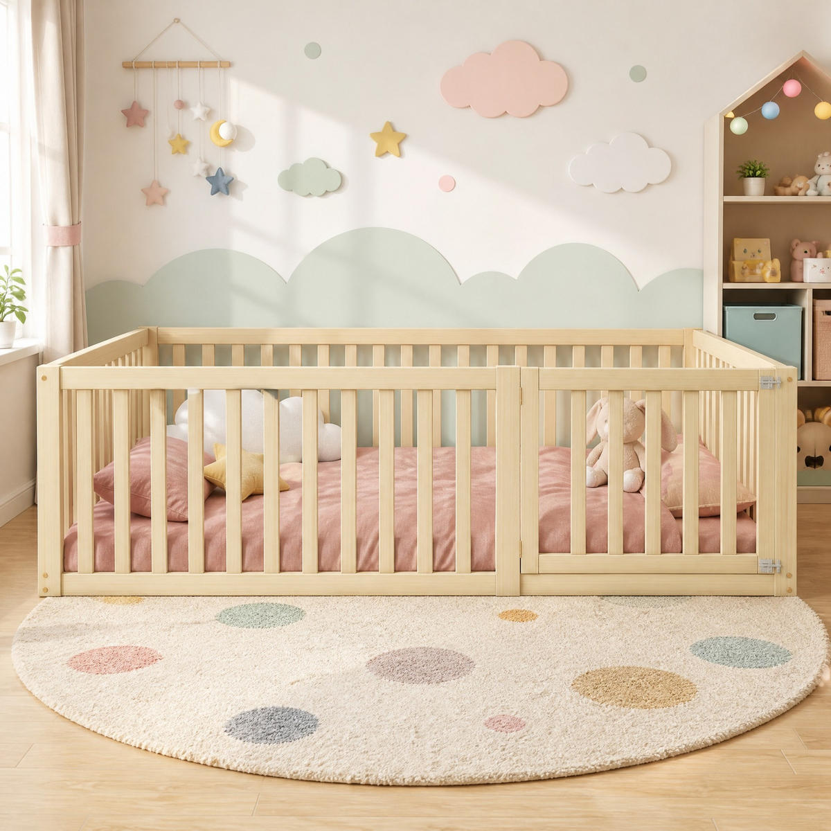 KINDERBETT 140/200 mit 60 cm Zaunhöhe,Tür, Bodenbett-Design und Massivholz-Konstruktion in Holzfarbe - Naturfarben, Holzwerkstoff (140/200cm) - EVRYAE