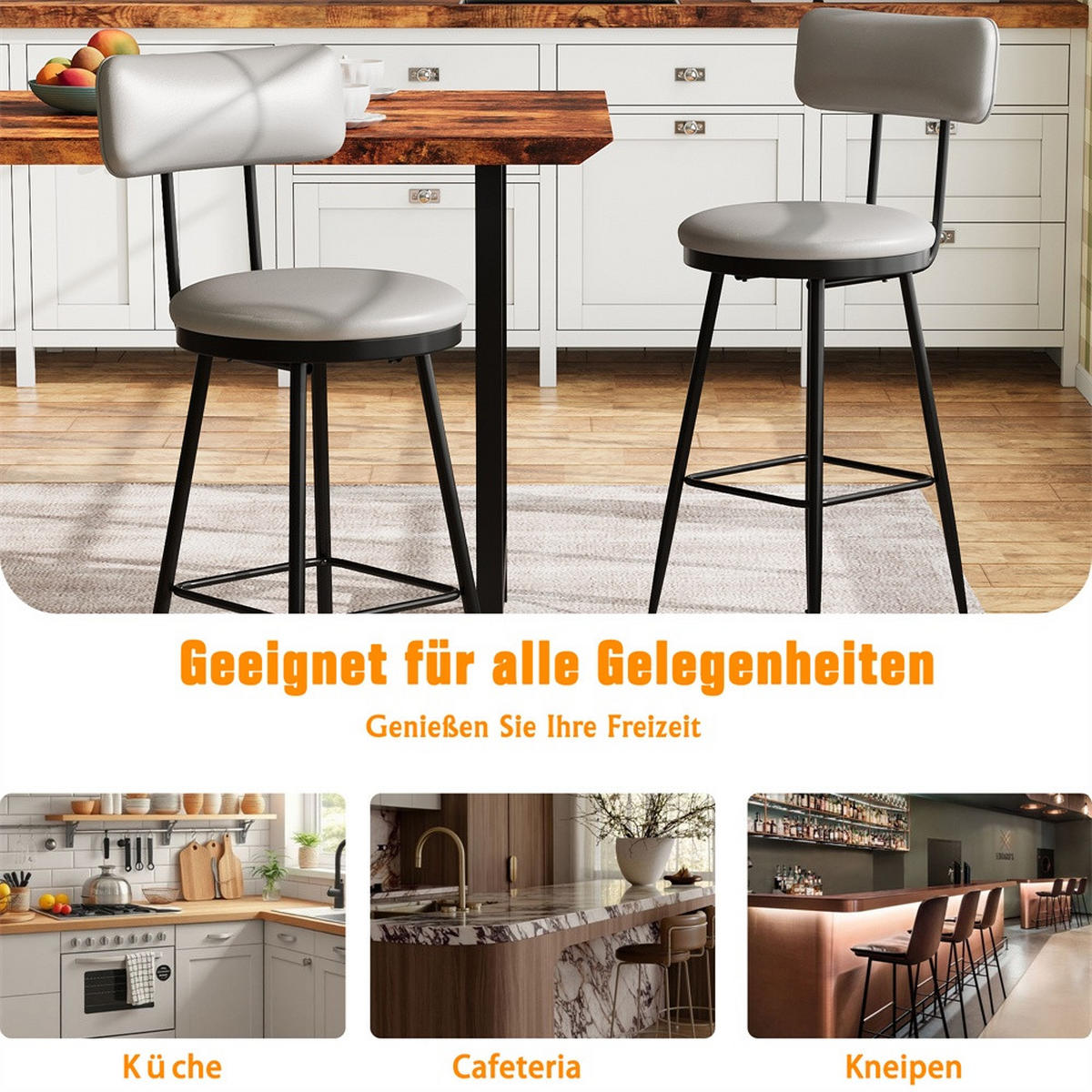 BARHOCKER 2er-Set mit Rückenlehne aus PU-Leder - Barhocker mit Fußstütze für Küche, Bar und Bistro - Grau - Grau, Textil (34/85.5/39.7cm) - DELFA