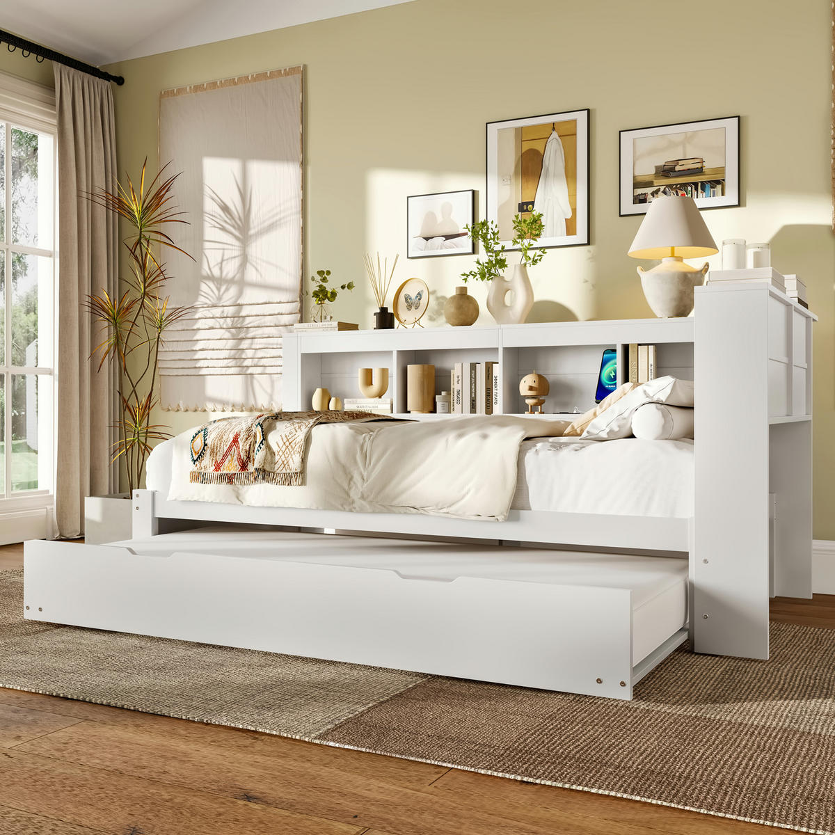 MULTIFUNKTIONSBETT 90/200 cm mit ausziehbarem Rollbett und 2 USB-Anschlüssen Weiß - Weiß, Holz - OKWISH