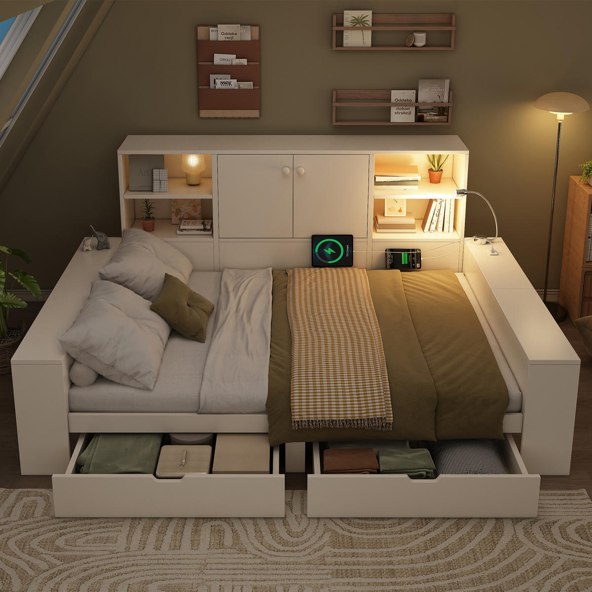 BETT 140/200 mit Schubladen, USB/USB-C und Stauraum mit Doppeltüren in Weiß - Weiß, Holzwerkstoff (140/200cm) - EVRYAE