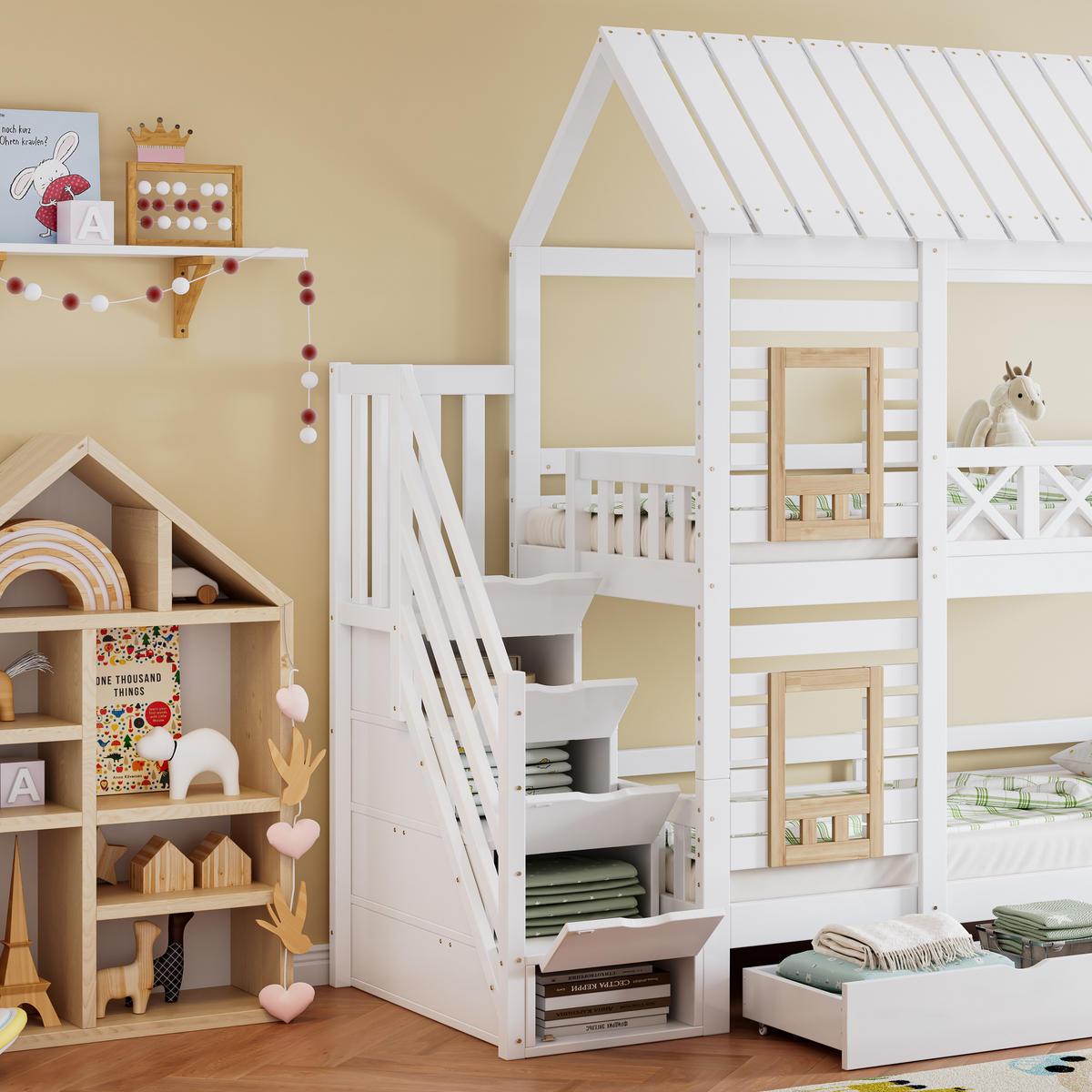 ETAGENBETT 90/200 cm weiß und natur aus Massivholz mit Treppe und Schubladen - Weiß, Holz (90/200cm) - OKWISH