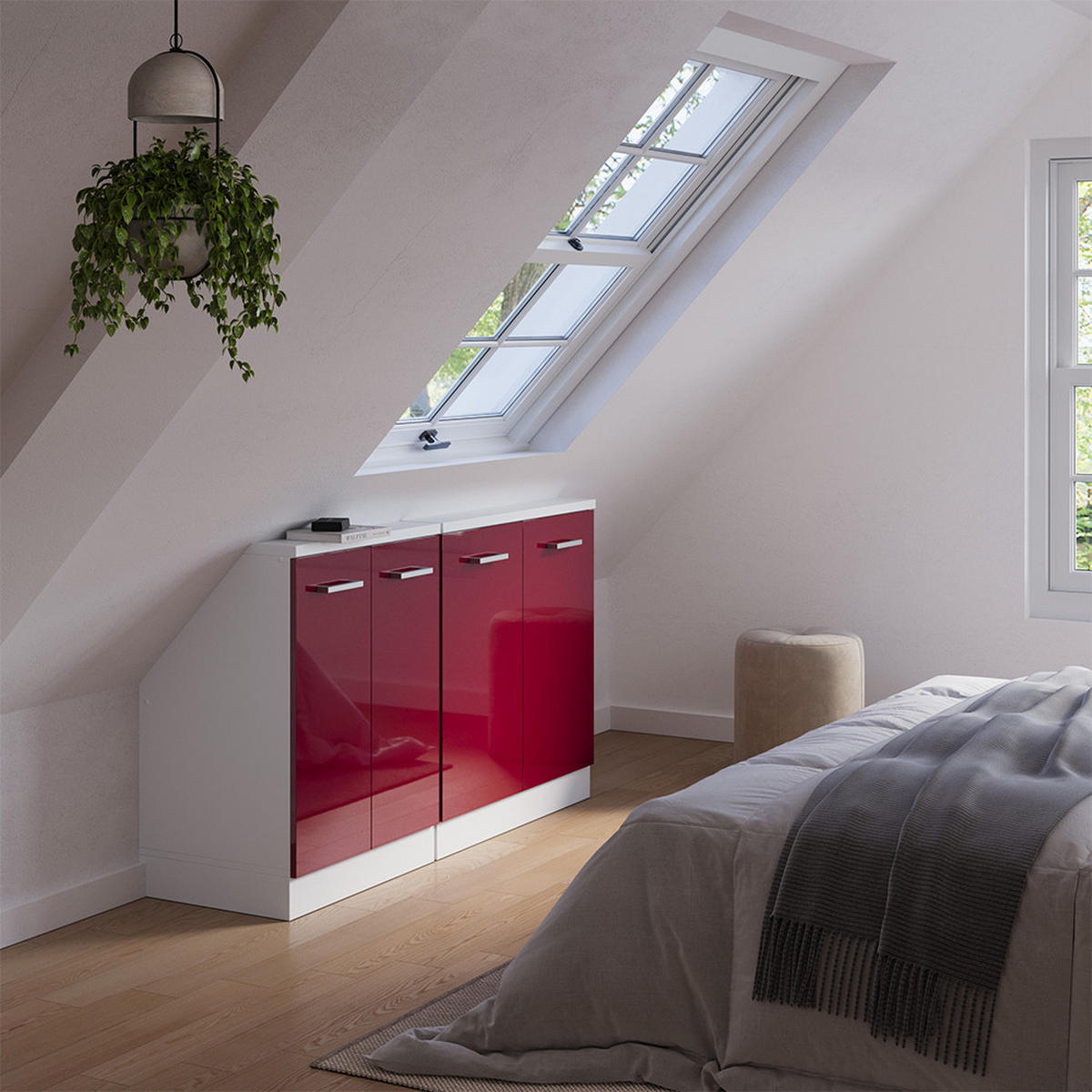 DACHSCHRÄGENSCHRANK-SET Rion Bordeaux Hochglanz/Weiß 2er Set - Bordeaux/Weiß, Holzwerkstoff (140/81.6/46cm) - Vicco