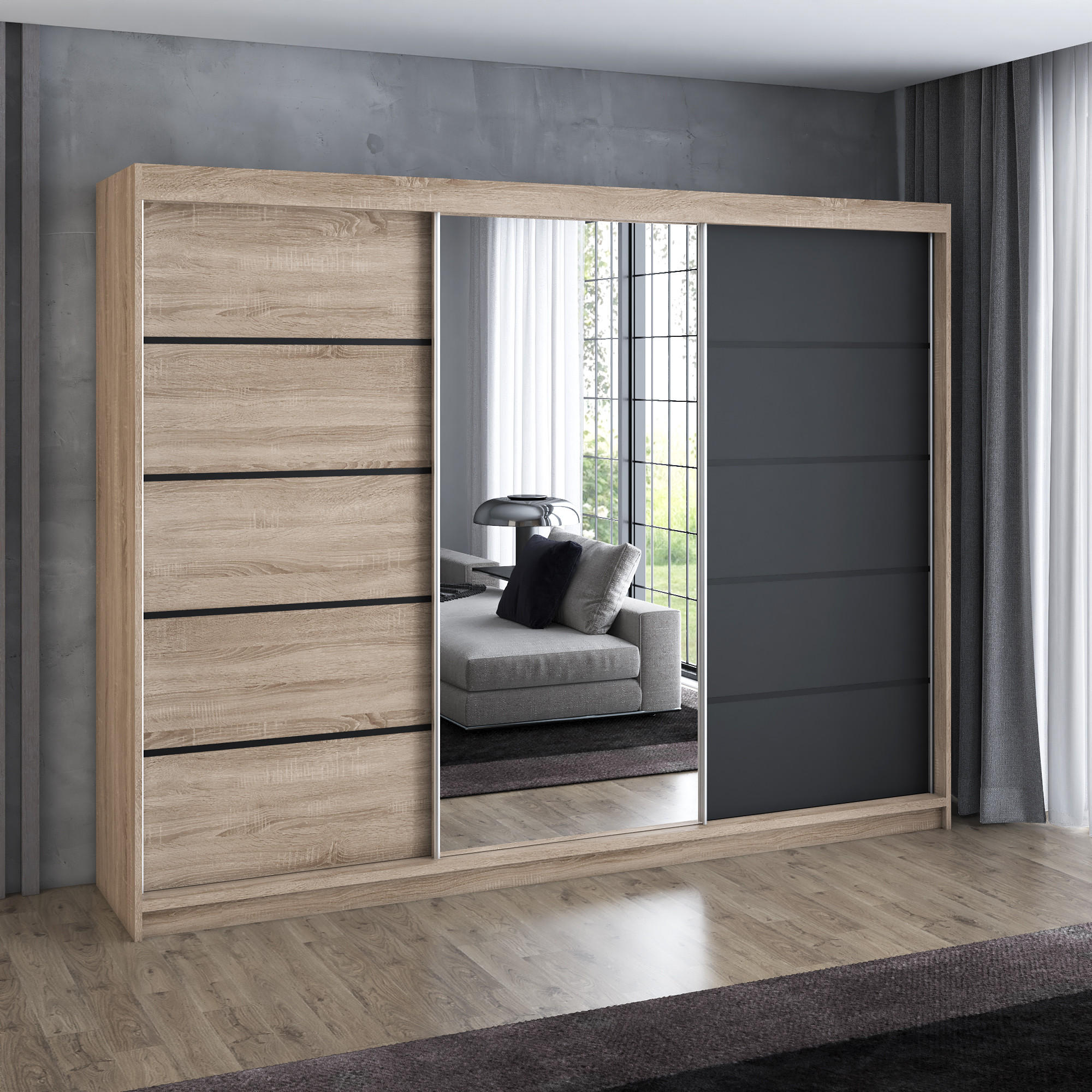 SCHWEBETÜRENSCHRANK 200 cm VILANO 2 Farbe: Sonoma, Sonoma, Schwarz - Schwarz/Braun, Holzwerkstoff (200/215/59.5cm) - A&J MöbelLand