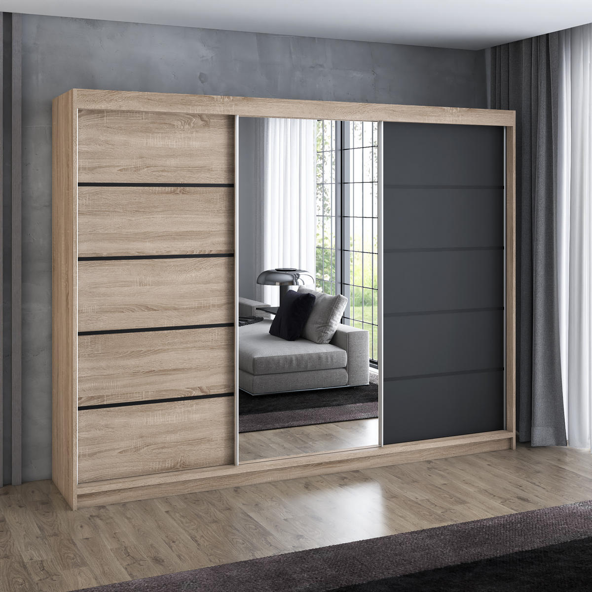 SCHWEBETÜRENSCHRANK 200 cm VILANO 2 Farbe: Sonoma, Sonoma, Schwarz - Schwarz/Braun, Holzwerkstoff (200/215/59.5cm) - A&J MöbelLand