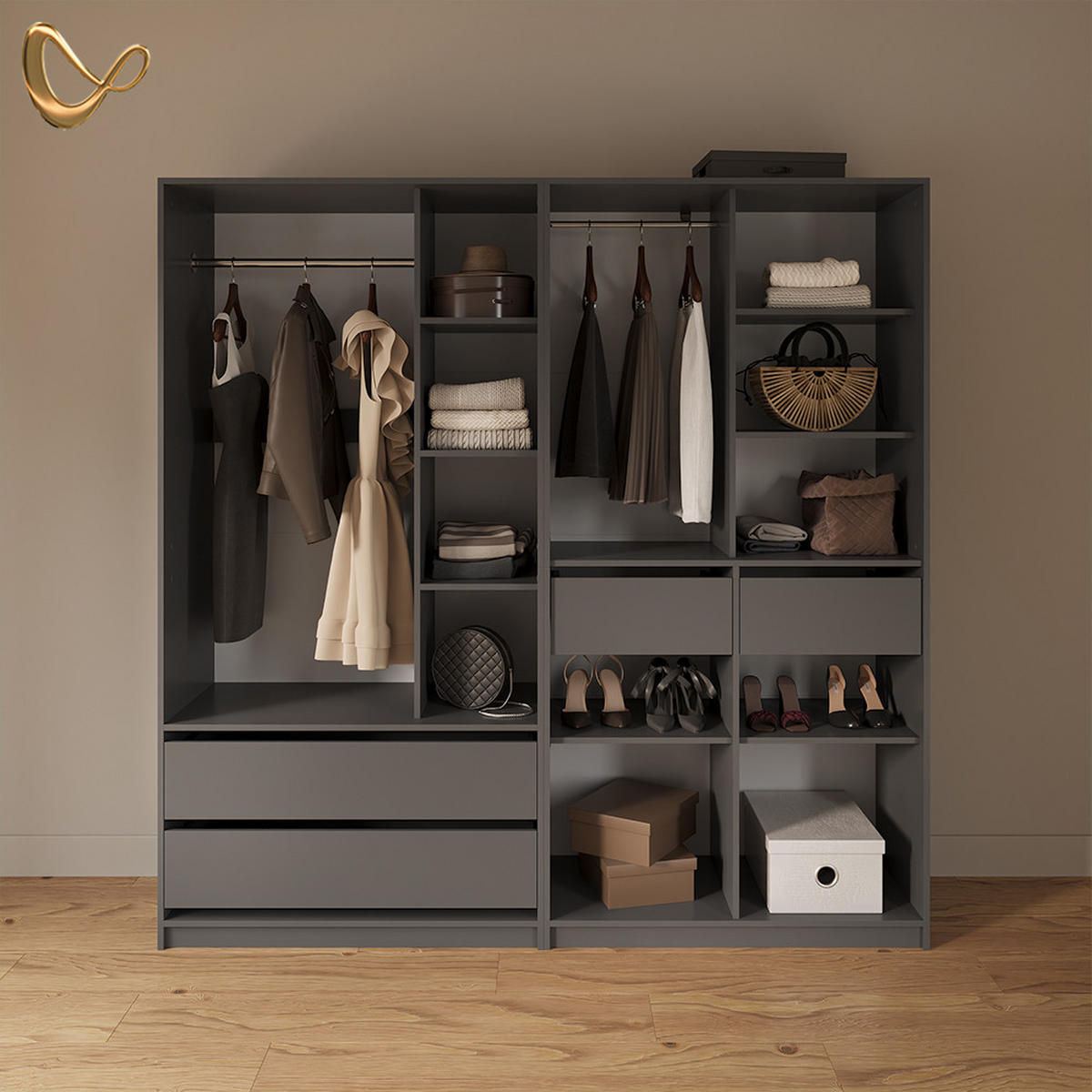 GARDEROBA Trento Antracit Komplet 2 - antracit, leseni material (100/200/50cm) - Livinity®