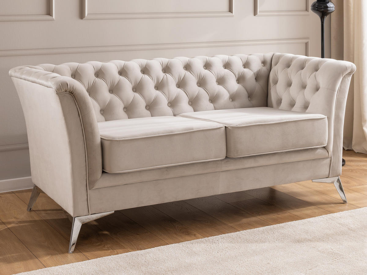 CHESTERFIELD-SOFA 2-sitzer Whitby Beige Samt mit silbernen Füßen - Beige/Silberfarben, Holz/Textil (175/78/82cm) - S-Style Möbel