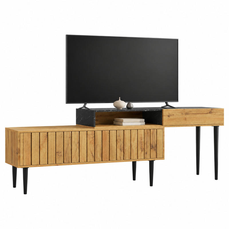 TV-STÄNDER mit Regalfächern MDF in Marmor- und Holzoptik - Braun, Holzwerkstoff (30/58/129cm) - Beauniv