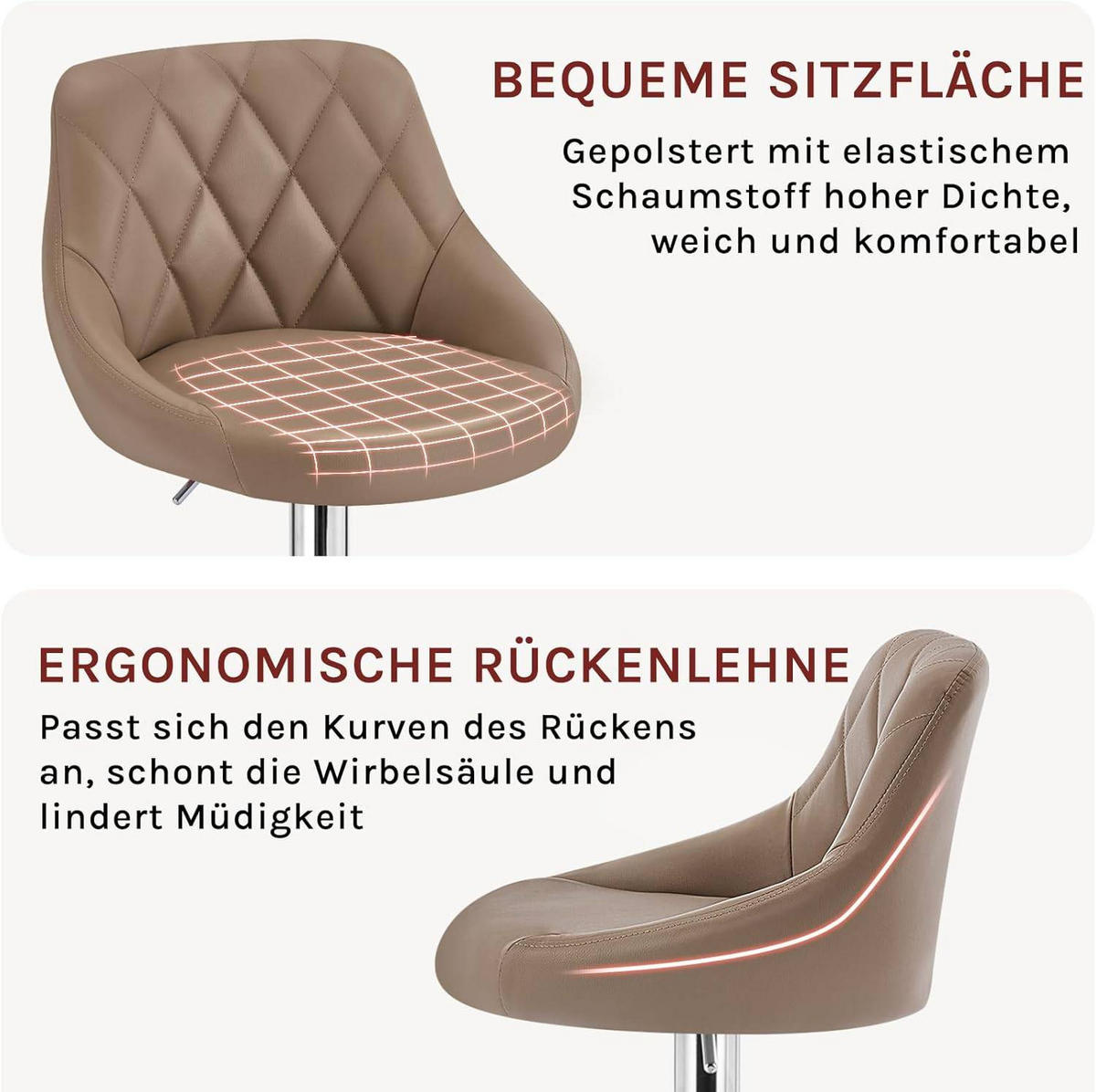 BARHOCKER 2er Set, Kunstleder,Höhenverstellbar, 360° Drehbar - Hellbraun, Metall (47/104/39cm) - Woltu