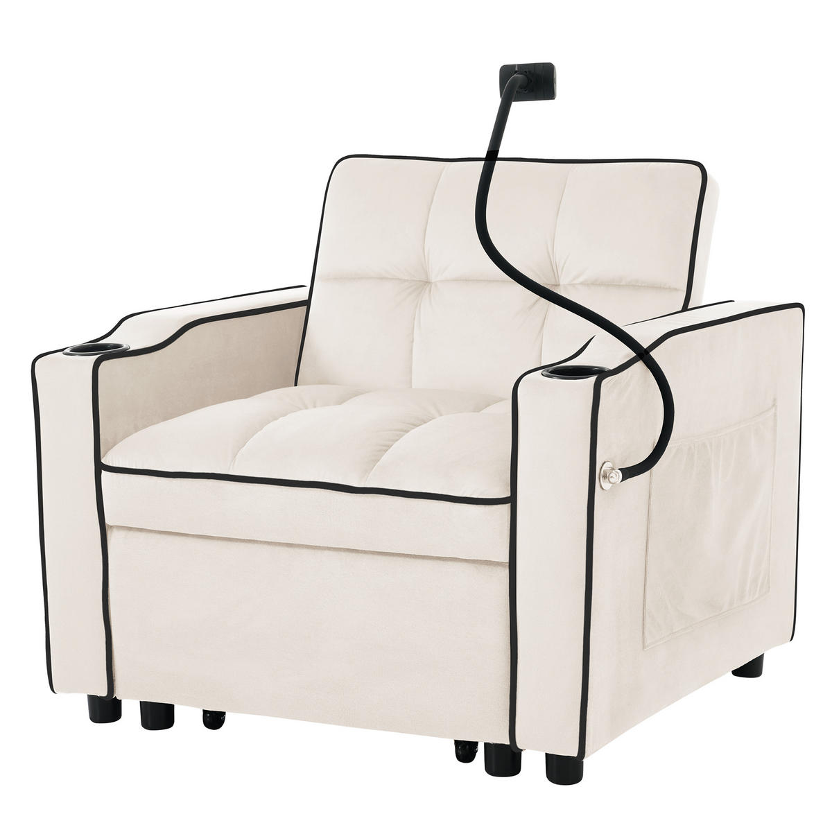 SCHLAFSESSEL Schlafsofa 3-in-1 Ausziehbares Einzel 83/167/76 cm Beige mit Getränkehaltern und Handyhalter - Beige, Kunststoff (83/76/167cm) - OKWISH