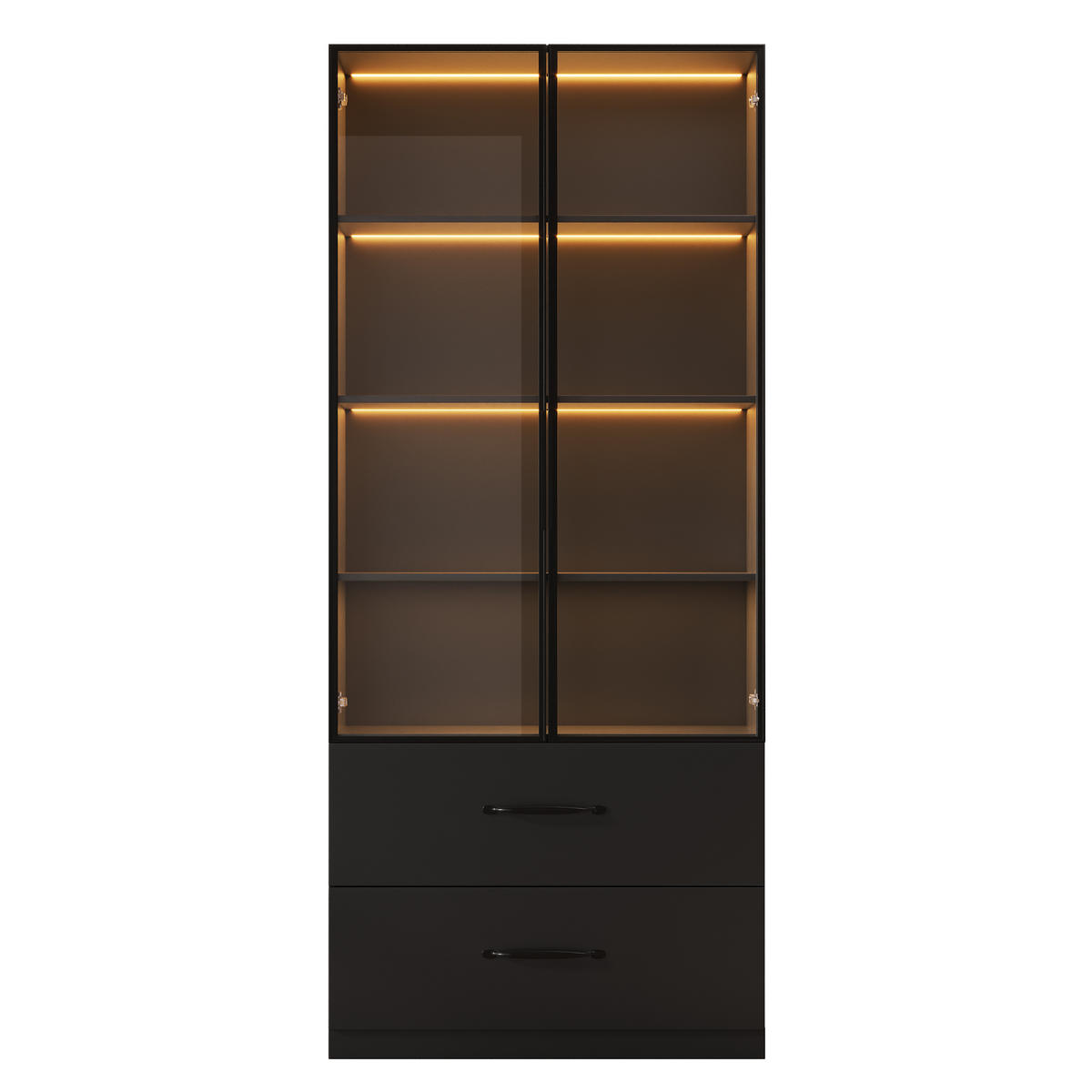 VITRINE 60cm Glas LED Aluminium 2 Türen Schubladen modern - Schwarz, Holzwerkstoff (60/160/40cm) - FLIEKS