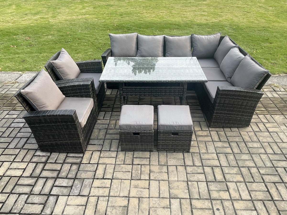 LOUNGEGARNITUR mit Esstisch Sofa Polyrattan Dunkelgrau 10-Sitzer - Dunkelgrau/Grau, Glas/Kunststoff - Fimous