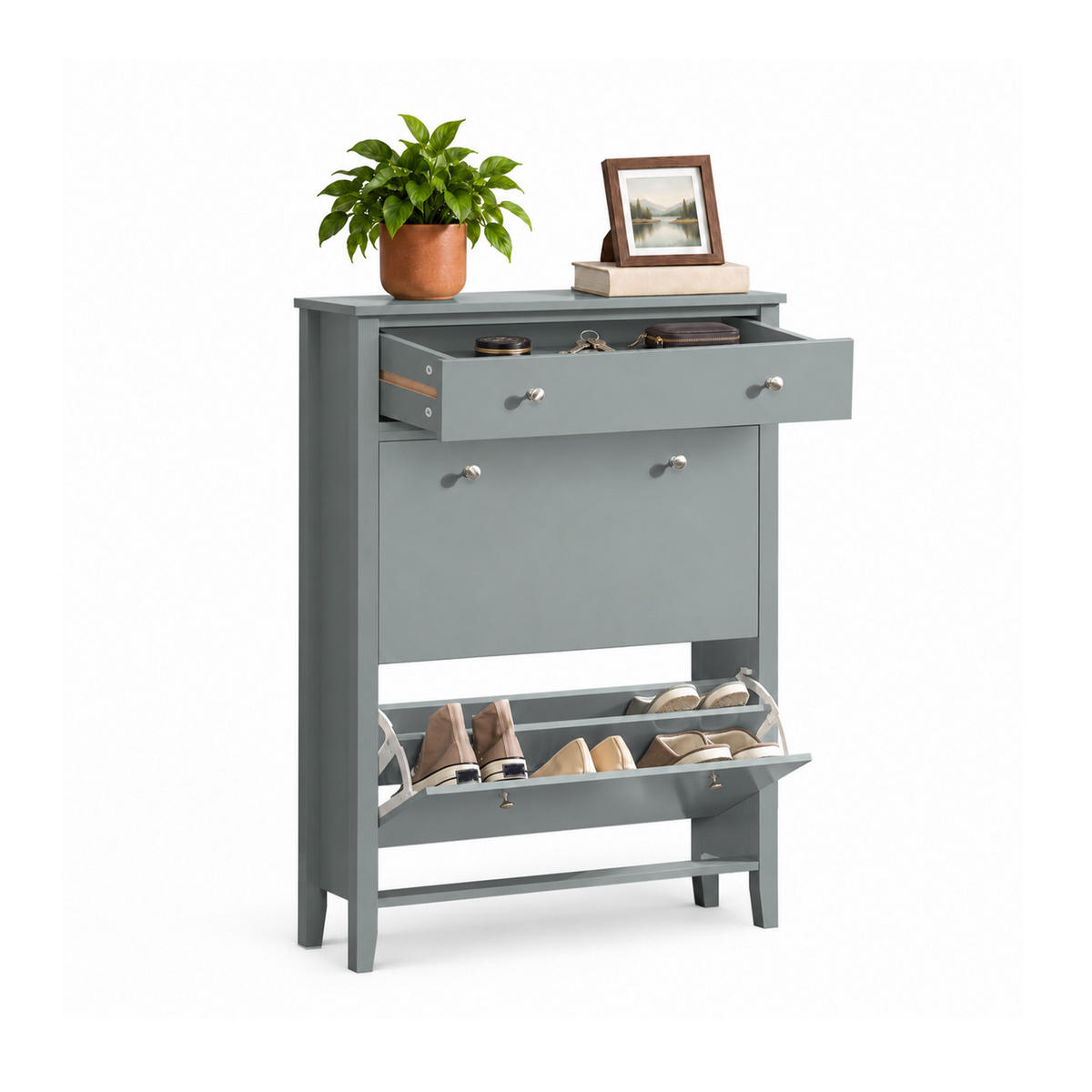 SCHUHSCHRANK Grau, 80 x 108 x 25 cm, mit Schublade und 2 Klappen für bis zu 12 Paar, schmal für den Flur - Grau, Holzwerkstoff (80/108/25cm) - SoBuy