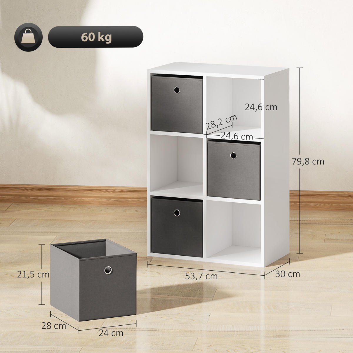 BÜCHERREGAL Bücherschrank mit 3 Stoff-Schubladen, Standregal mit offenen Regalen - Weiß, Holzwerkstoff/Textil (30/79.8/53.7cm) - HOMCOM