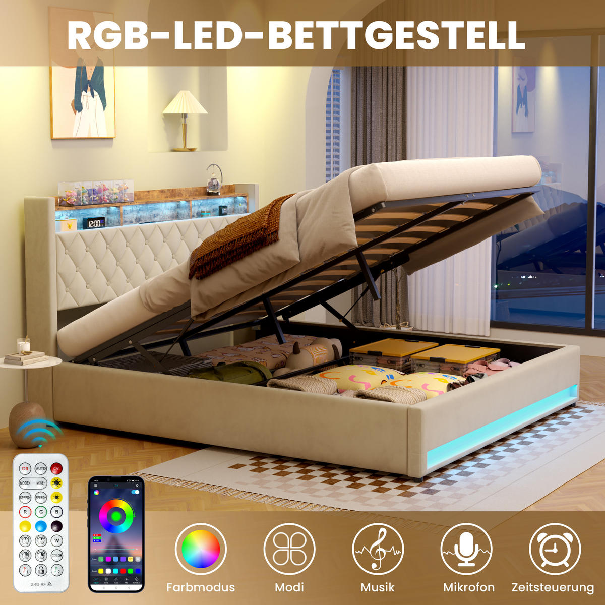 POLSTERBETT aus Samt 180x200 cm Beige mit Stauraum-Kopfteil und LED-Lichtleiste - Beige, Textil (180/200cm) - Modfu