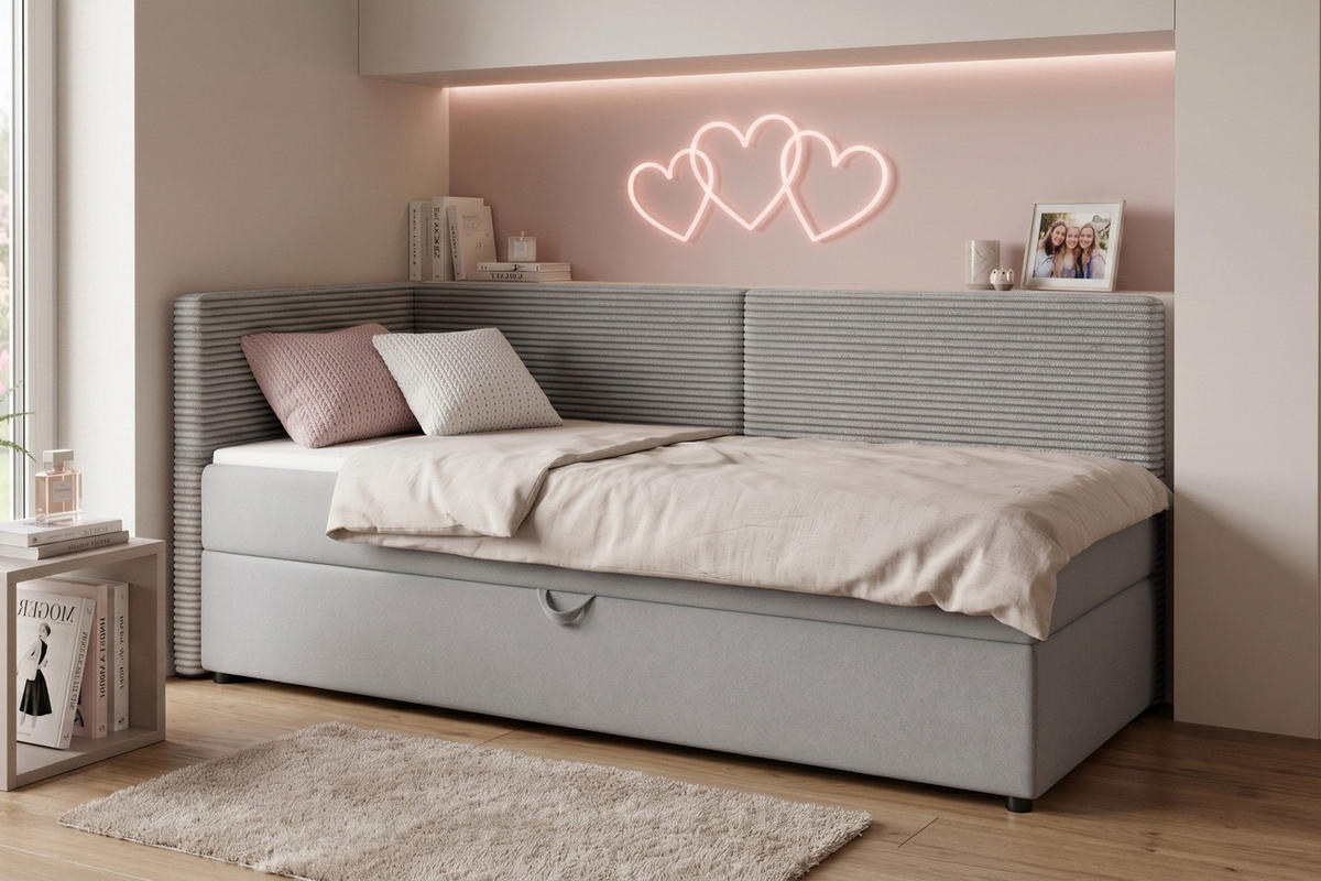 BOXBETT MILA 100/200 in Cord/Velours Hellgrau H4 links - Hellgrau, Holz/Holzwerkstoff (100/200cm) - Deine Möbel 24