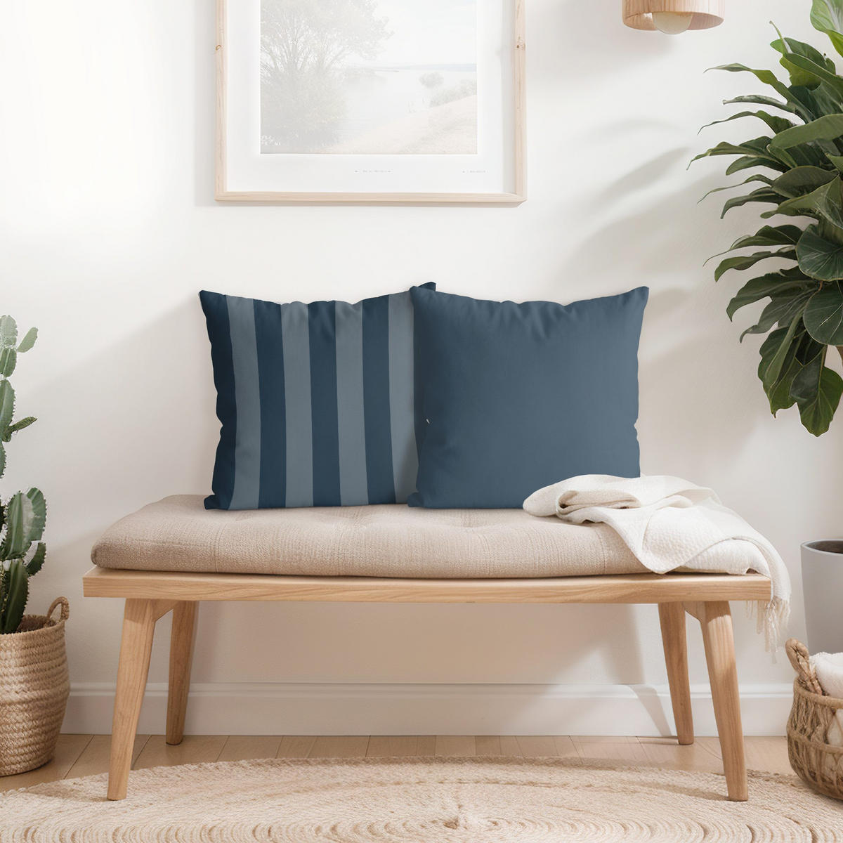 DEKOKISSEN 2er-Set Schieferblau trifft Streifen Duo 40/40 cm - Blau, Textil (40/40cm) - Bilderwelten