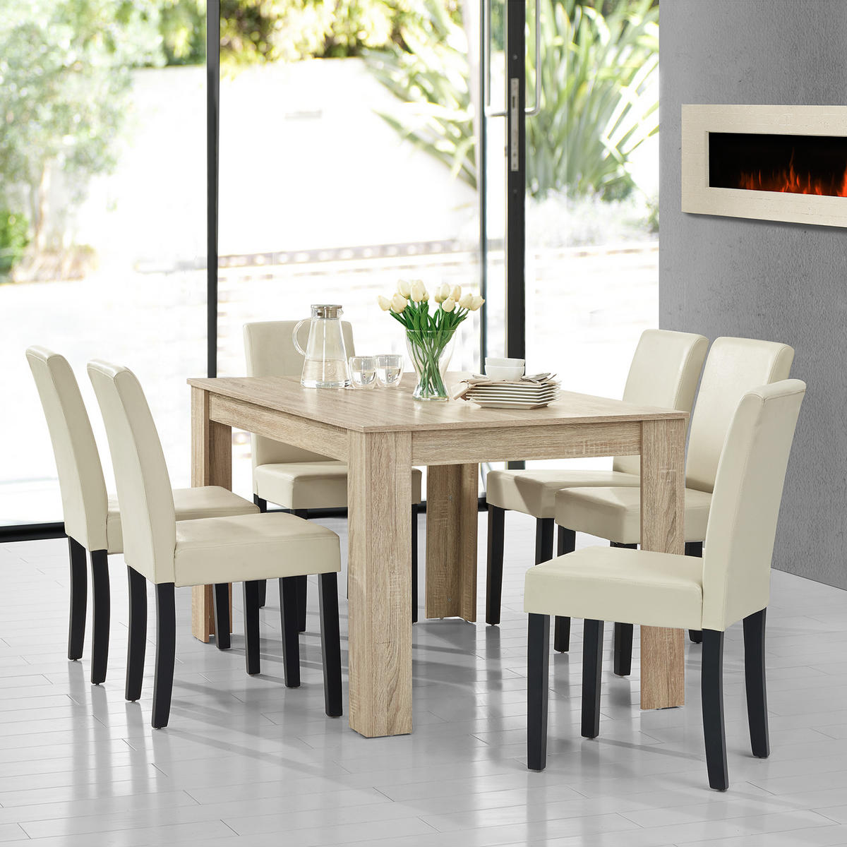 TISCHGRUPPE Forssa - Creme/Naturfarben, Holz/Holzwerkstoff (140/77/90cm) - [en.casa]