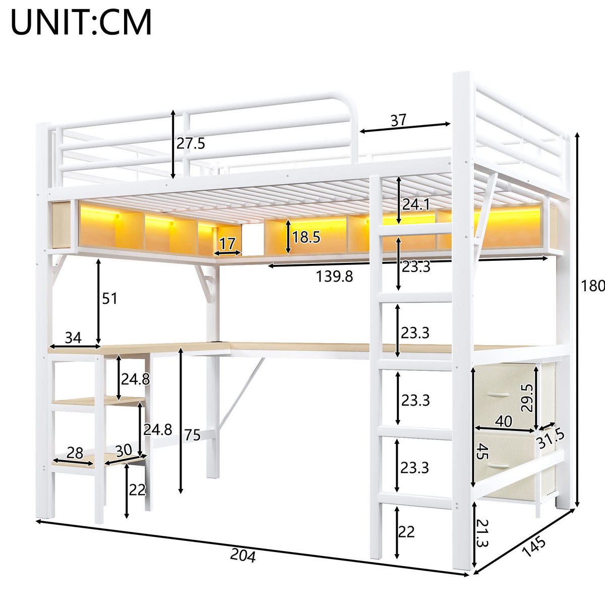 HOCHBETT mit Schreibtisch, Regalen und LED, Weiß, 140/200 cm - Weiß, Metall (140/200cm) - MIVRAY