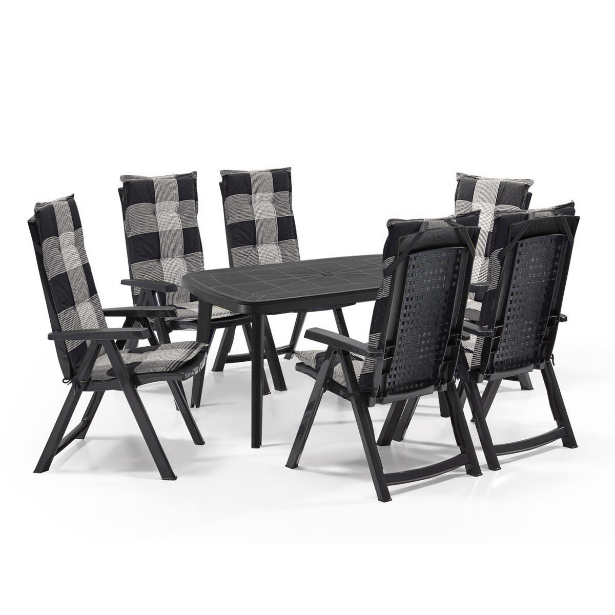 ESSGRUPPE Milano 7-tlg. anthrazit, mit Polster kariert, wetterfest, klappbar - Anthrazit, Textil