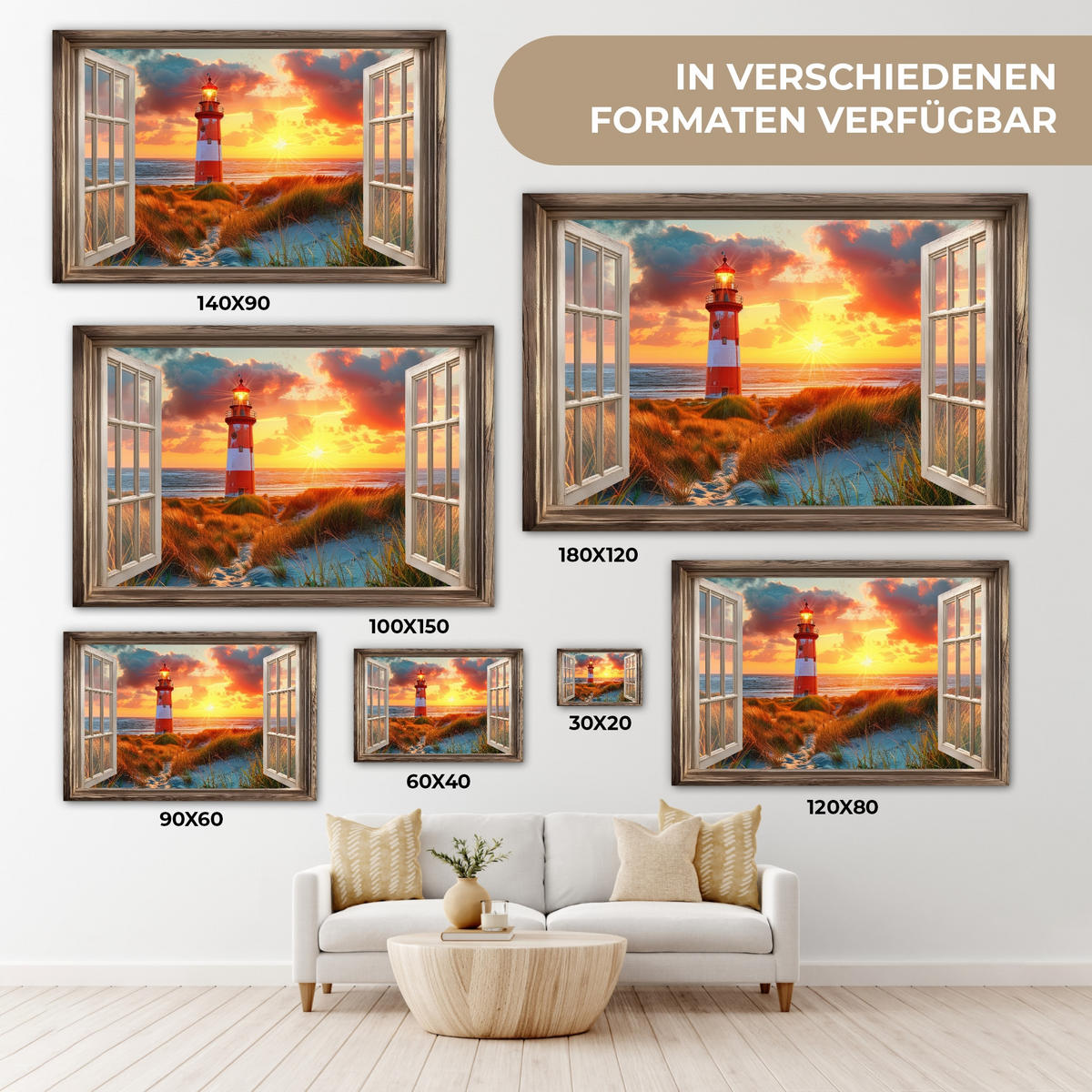 LEINWANDBILD Aussicht - Fenster - Leuchtturm - Sonnenuntergang - Strand 30x20 cm - Dunkelorange, Textil (30/20cm) - MuchoWow