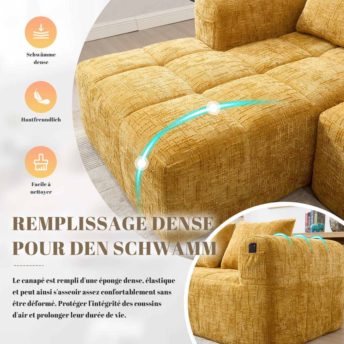 ECKSOFA Chenille 250x158cm - Gelb, Textil (37/38.5cm) - Raelunyi
