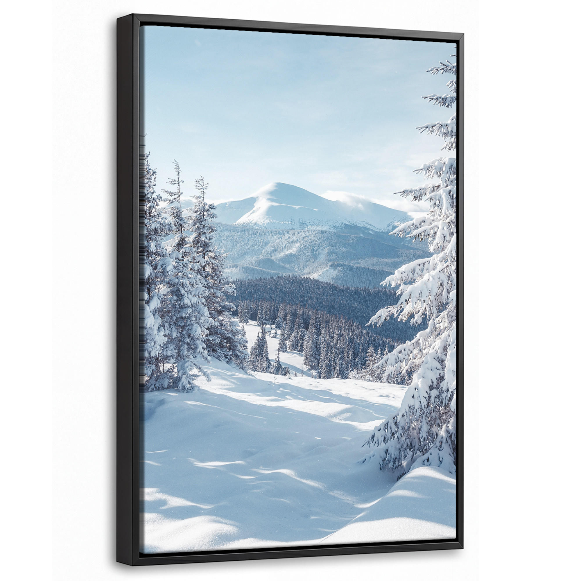 LEINWAND Bilder mit Rahmen - Winterlandschaft - Natur - Berge - Bäume - Schnee - 20x30 - Hellblau, Textil (20/30cm) - MuchoWow
