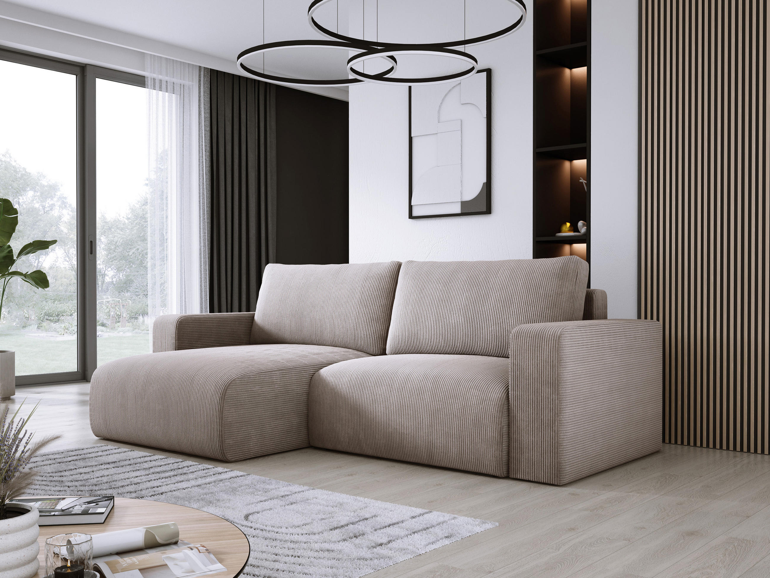 ECKSOFA Carl L-förmig Schlaffunktion und Bettkasten weicher Cordstoff flexibel stellbar lose Rückenkissen freistehend LINKS 143x247x83cm Cappuccino - Cappuccino, Holz/Textil (143/247cm) - DomoHome