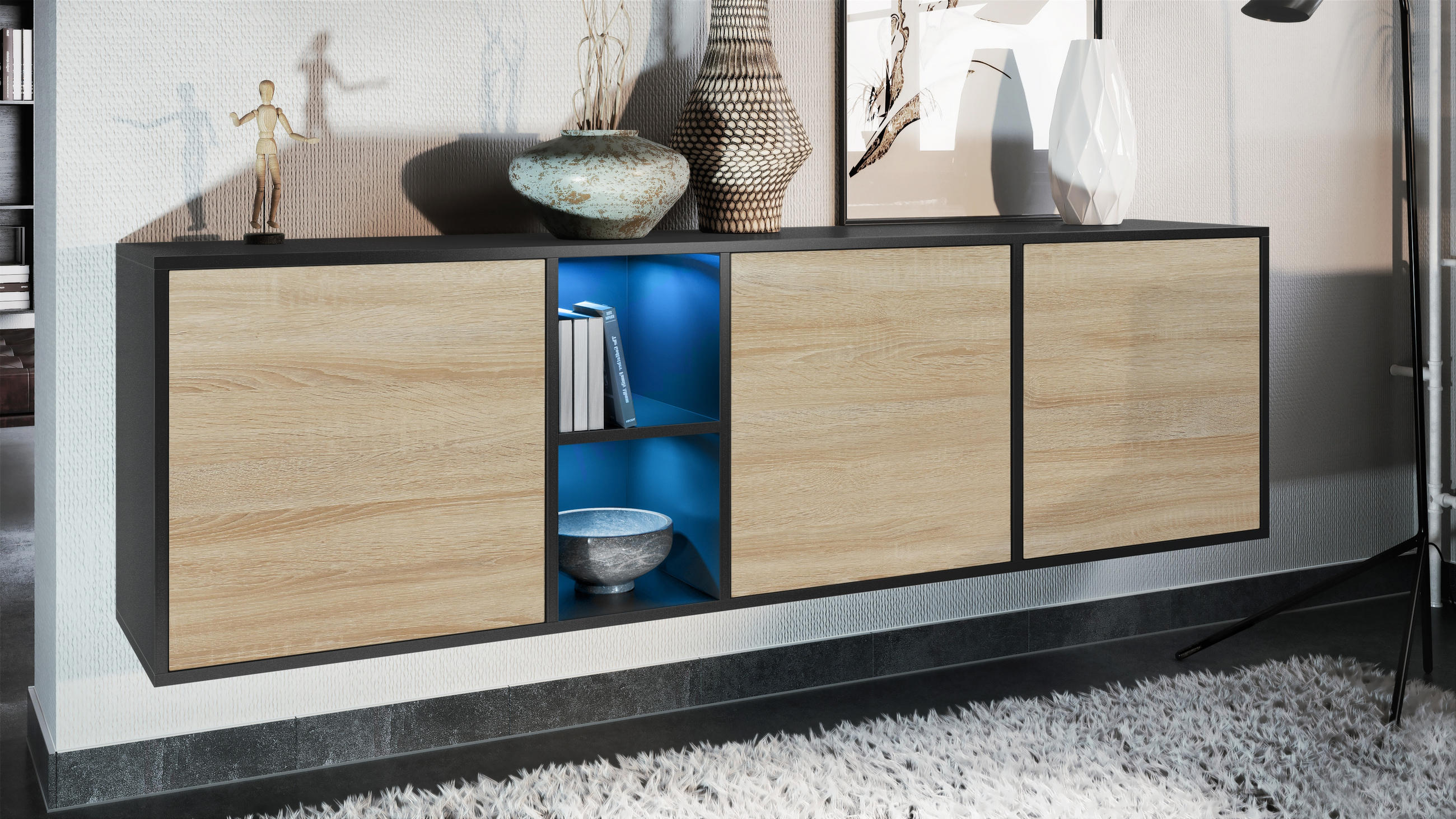 SIDEBOARD Cuba Türen in Eiche sägerau - Eiche San Remo, Holzwerkstoff (182/53/35cm) - Vladon