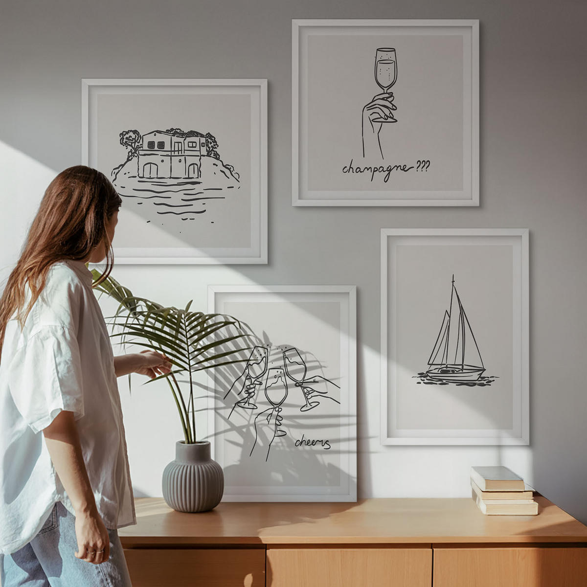 WANDBILDER 4er-Set - 50x50 cm & 40x60 cm Weißer Rahmen - Haus am Wasser, Toastsegelboot - Weiß, Kunststoff (50/50cm) - ArtPrintCave