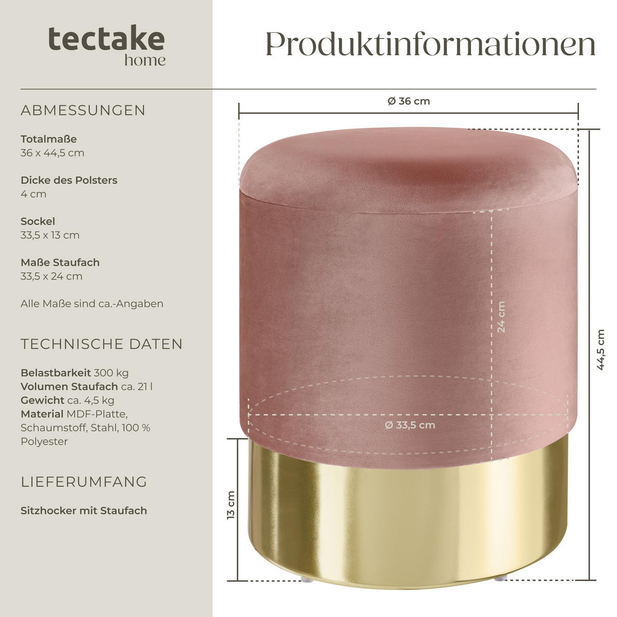 SITZHOCKER mit Stauraum Sarina,36 x 44,5 cm,rosa - Rosa, Holz (36/44.5/36cm) - tectake