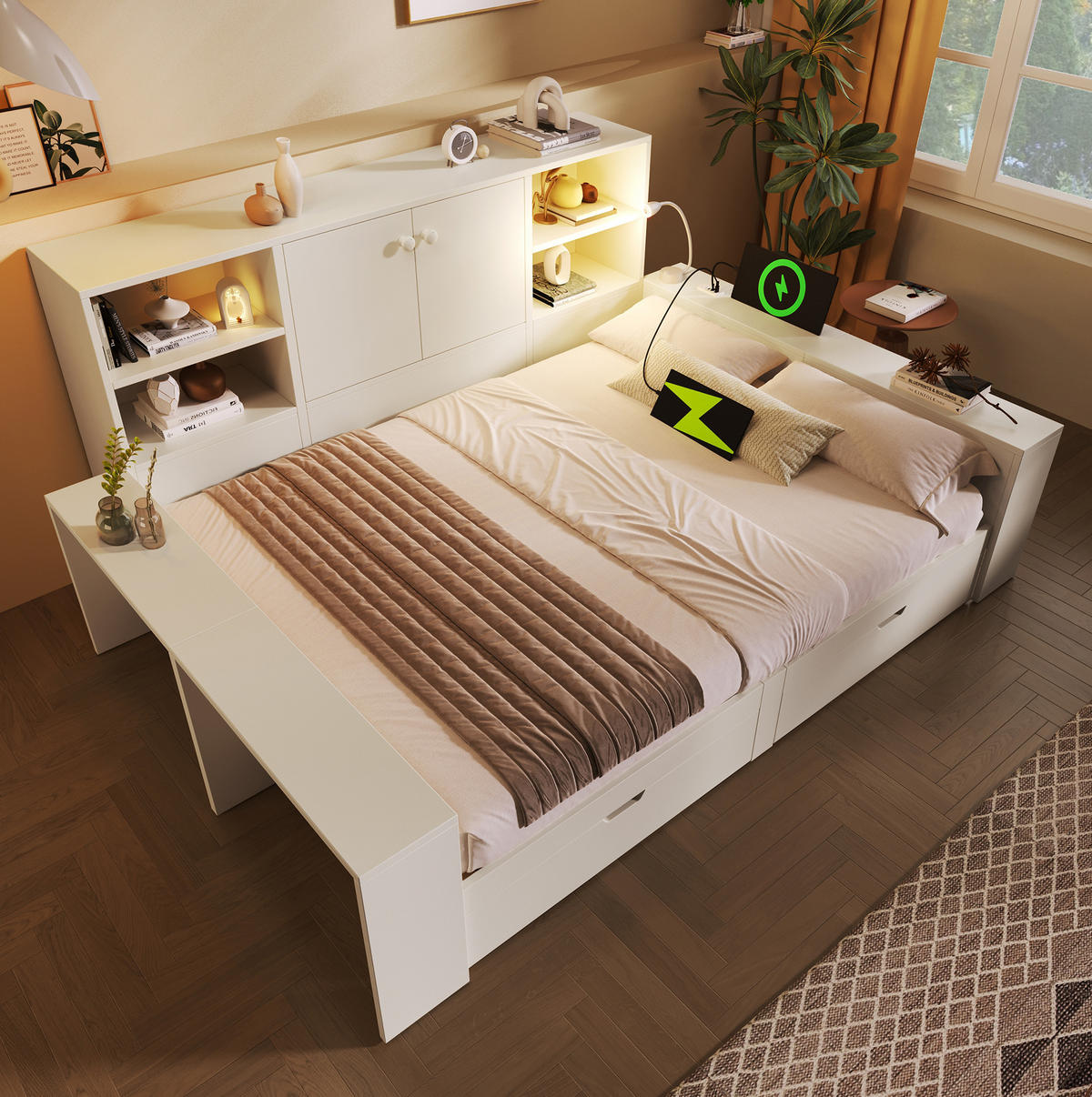 POSTEĽ s úložným priestorom 140/200 cm biela s USB, zásuvkami a policami z MDF a preglejky - biela, kompozitné drevo (140/200cm) - OKWISH
