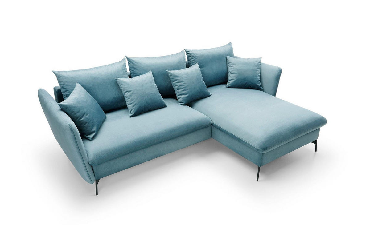 ECKSOFA FERRO Blau Velours-Stoff mit Schlaffunktion - Blau, Holz (258/167cm) - MASSENO